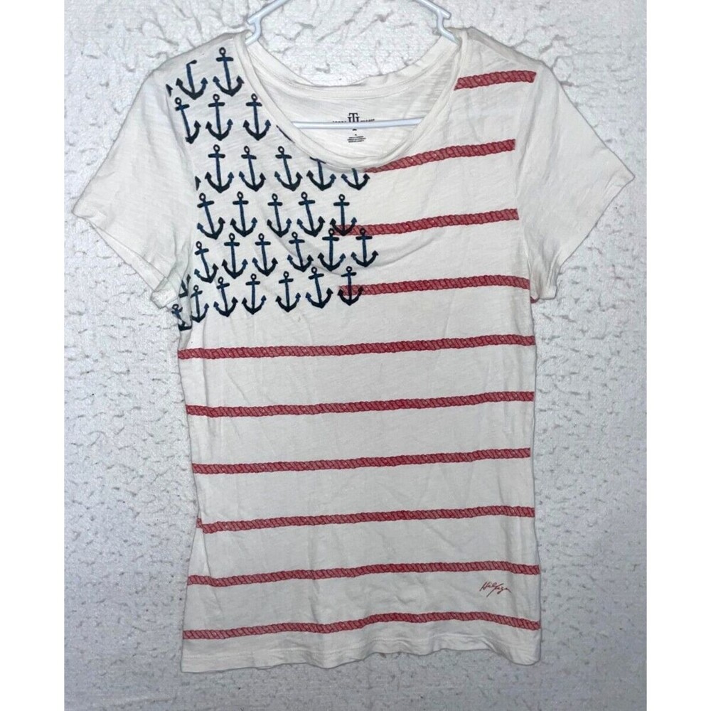 Tommy Hilfiger White Anchor Rope Print Short Sleeve T-Shirt Womens M 100% cotton